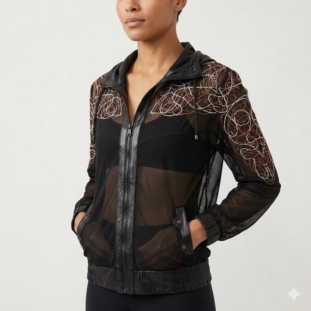 Rozalio Baressa Black‎ Mesh Bomber Jacket Embroidered Sheer Size 42 / Small
